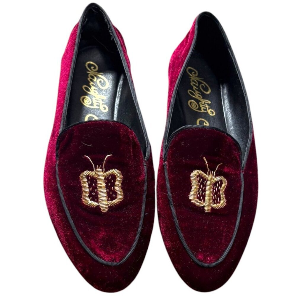 Naughty Monkey Burgundy Velvet Loafers with Gold Embellishment